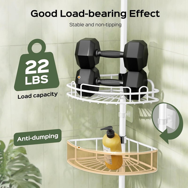 HAMITOR Corner Shower Caddy Tension Pole: Rustproof Bathroom Organizer Shelves for Bathtub Shampoo Accessories Storage Holder - 47-121 Inch Adjust - White - Image 4